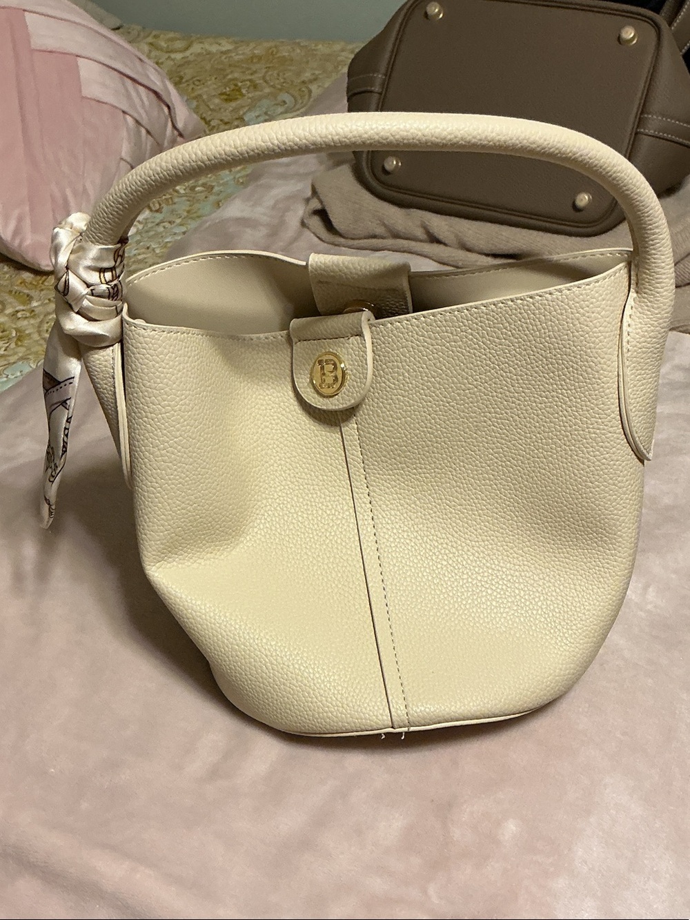 Cream Leather Top-Handle Bucket Bag